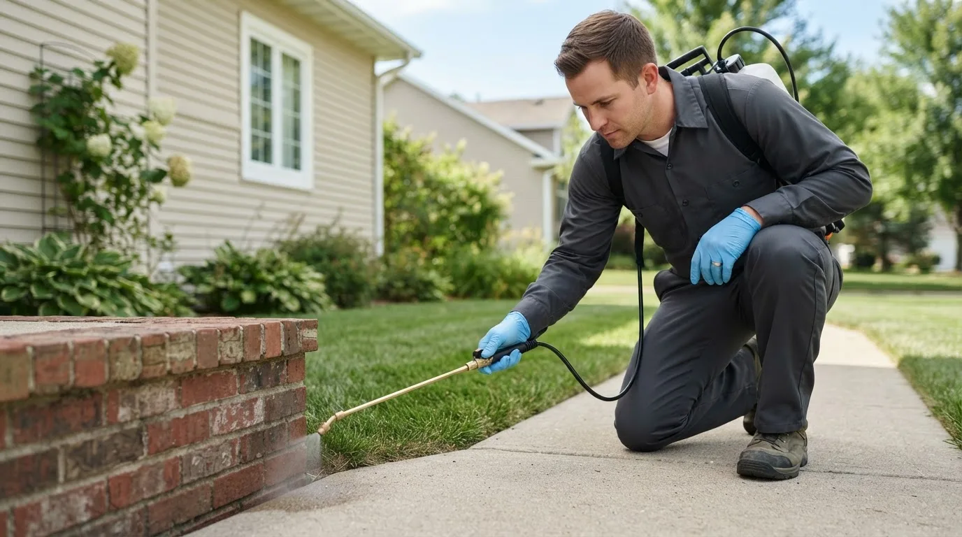 Pest control technician treating a home near Livermore, IA