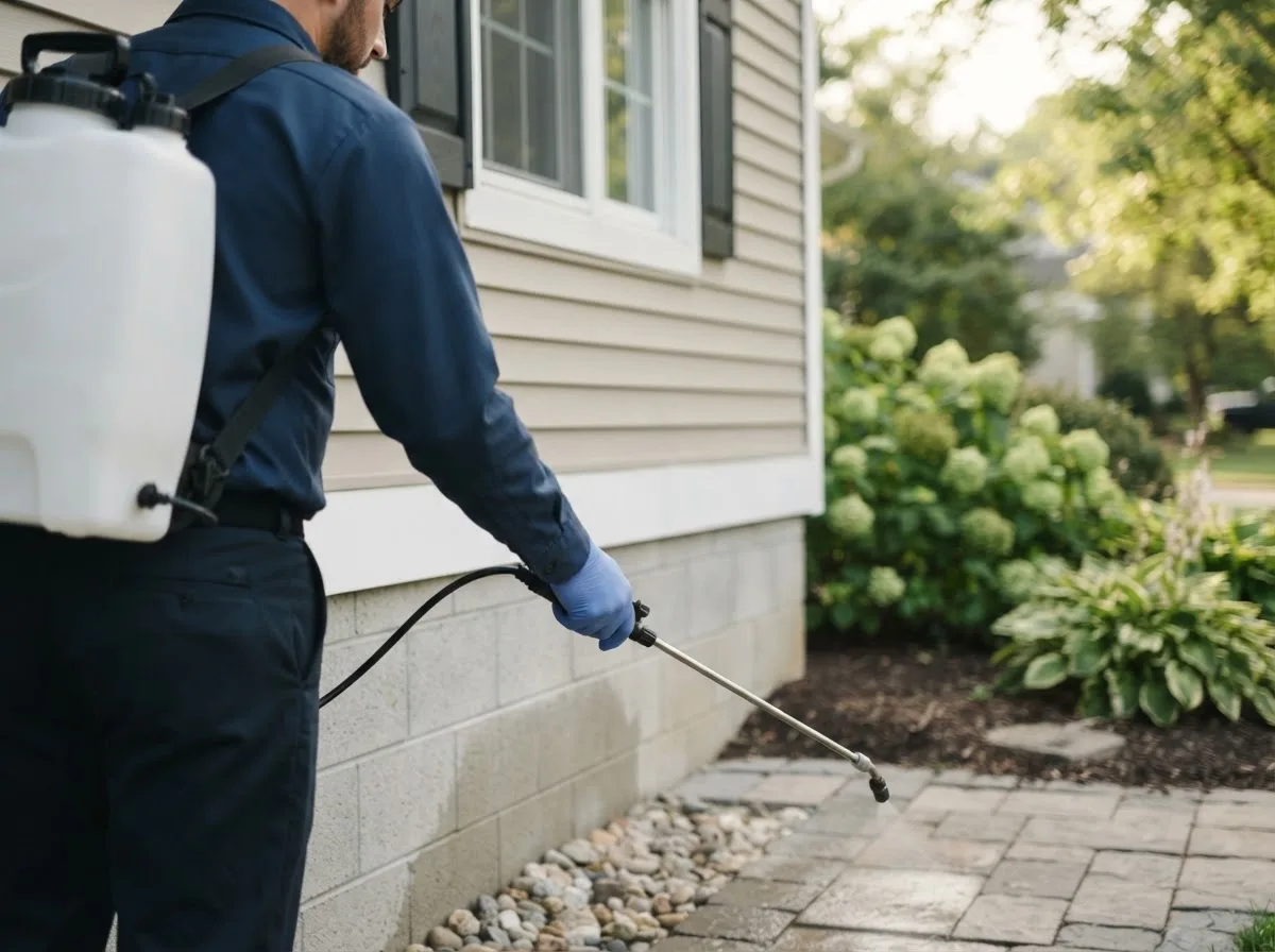 Pest control technician inspecting a home in Livermore, IA